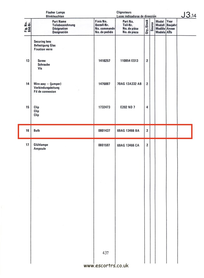 Mk1 Escort Indicator Bulbs Factory Drawing #2