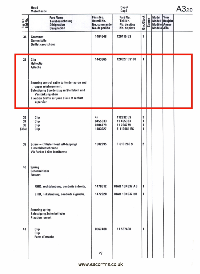 Mk1 Escort Bonnet Release Cable Clip Factory Drawing #2