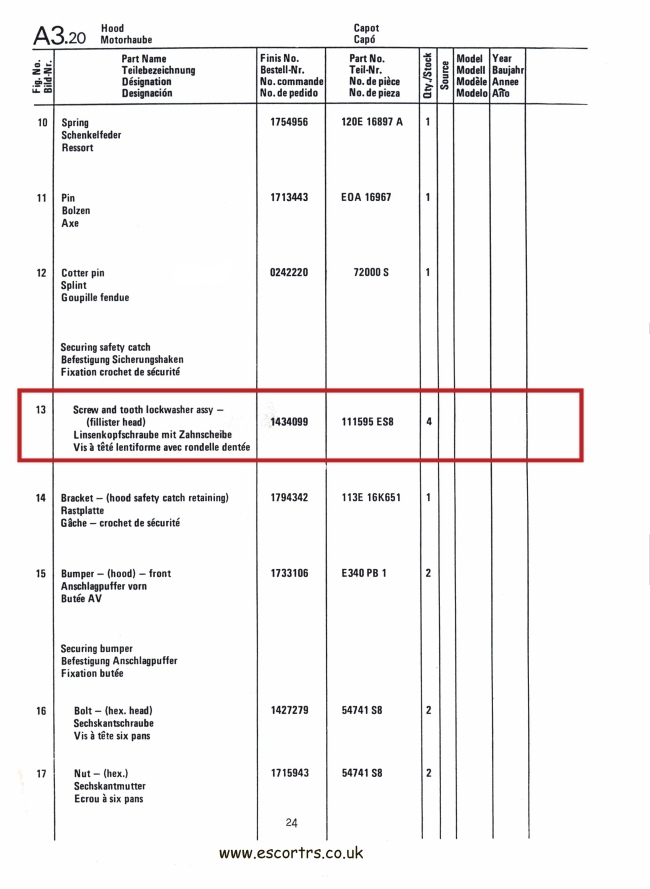 Mk1 Escort Bonnet Safety Catch Screws Factory Drawing #2