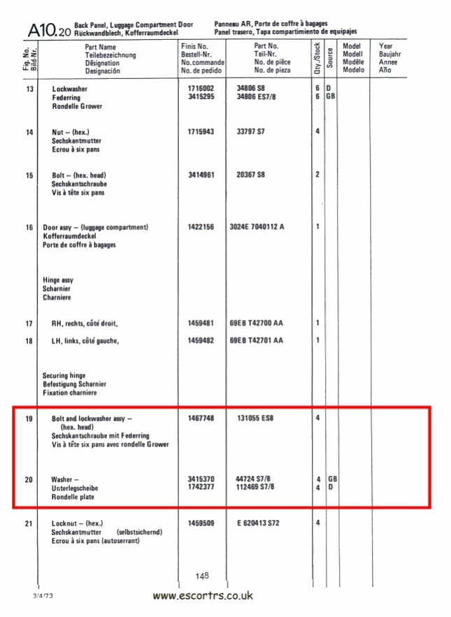 Mk1 Escort Stainless Steel Boot Lid Bolts & Washers Factory Drawing #2
