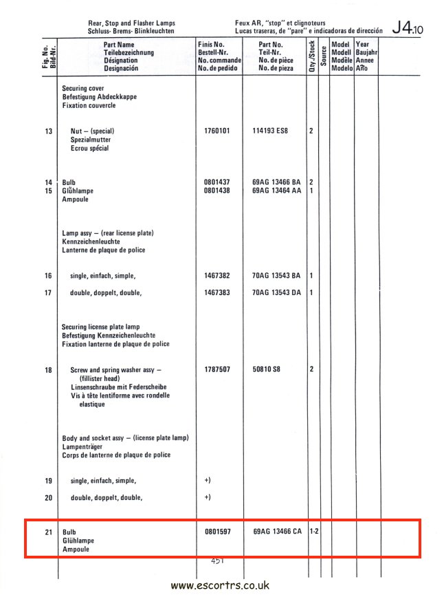Mk1 Escort Boot Light / Licence Plate Bulbs Factory Drawing #2