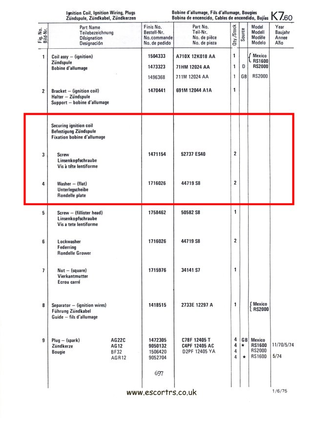 Mk1 Escort Coil Bracket Screws & Washers Factory Drawing#2