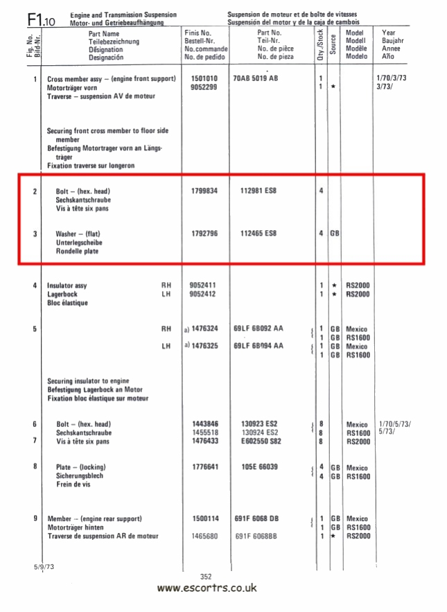 Mk1 & Mk2 Escort Cross Member Bolts & Washers Factory Drawing#2 