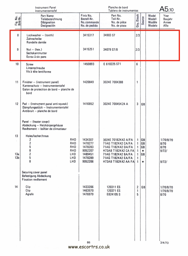 Mk1 Escort Dash Top Cowling Nuts & Washers Factory Drawing#2
