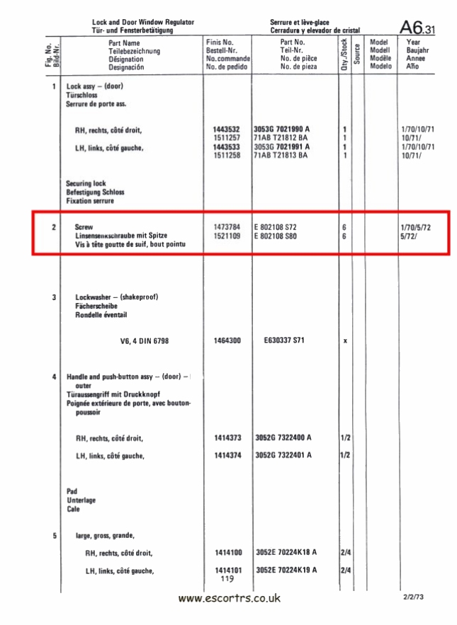 Mk1 Escort Door Lock Screws Factory Drawing#2