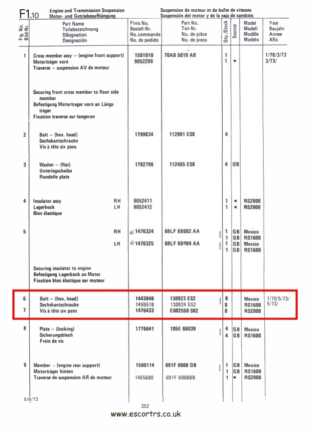 Mk1 Escort Engine Mount Bolts Factory Drawing #2