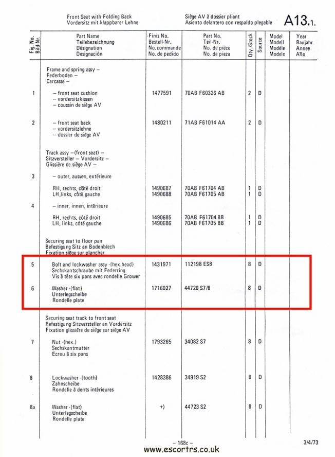 Mk1 Escort Front Seat Bolt Set Factory Drawing #2