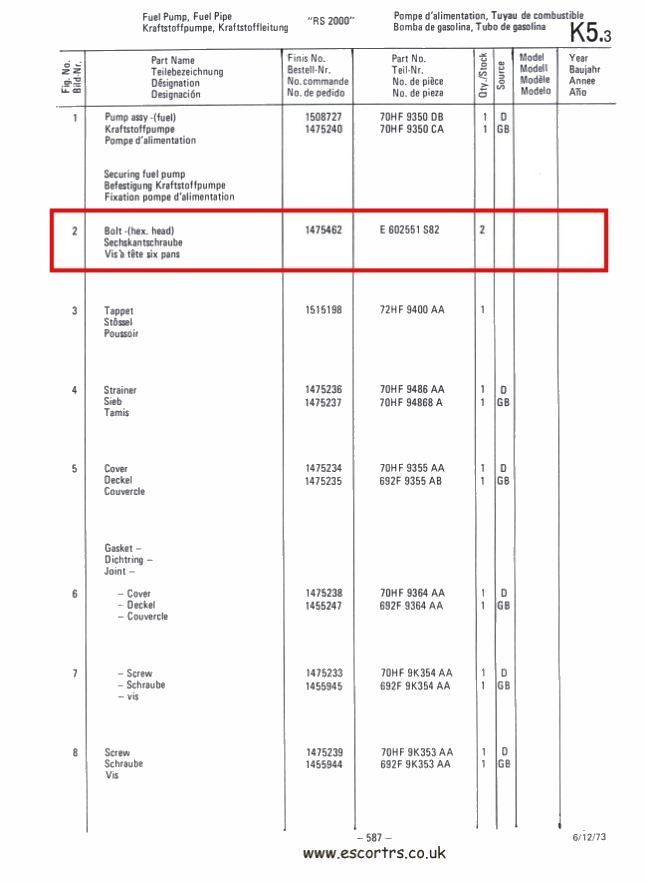 Mk2 Escort Fuel Pump Bolts & Washers Factory Drawing #2