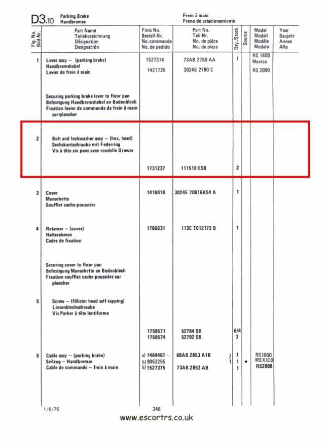 Mk1 Escort Hand Brake Lever Bolts Factory Drawing #2