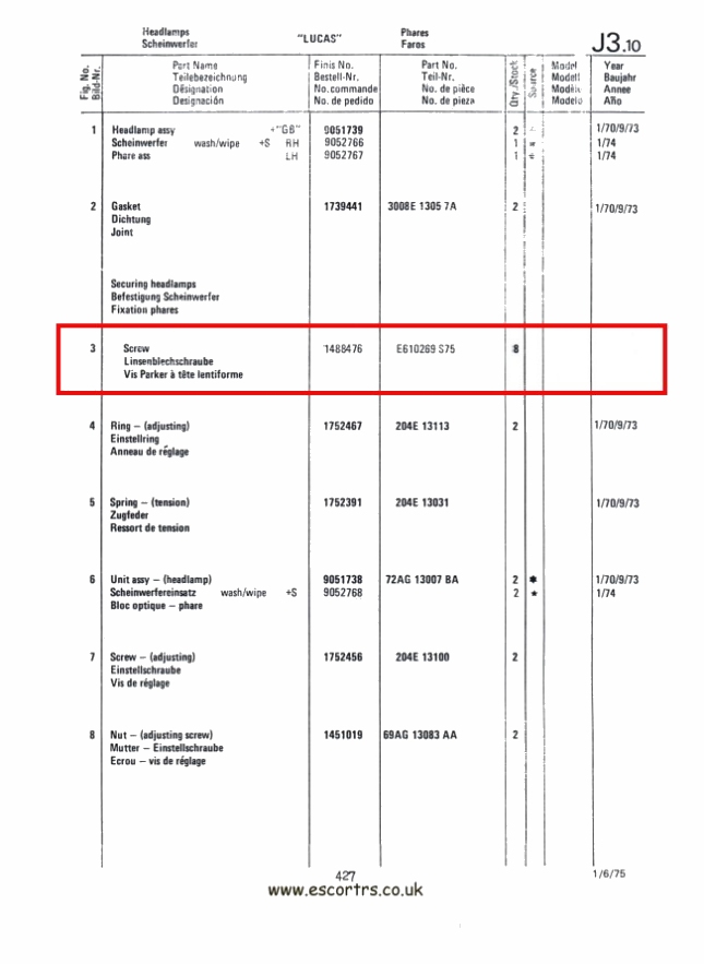 Mk1 Escort Headlight Bowl Fixing Screws Factory Drawing #2