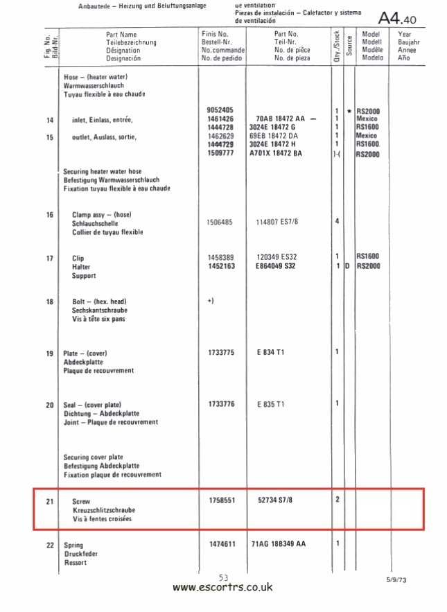 Mk1 Escort Heater Matrix Plate Screws Factory Drawing #2