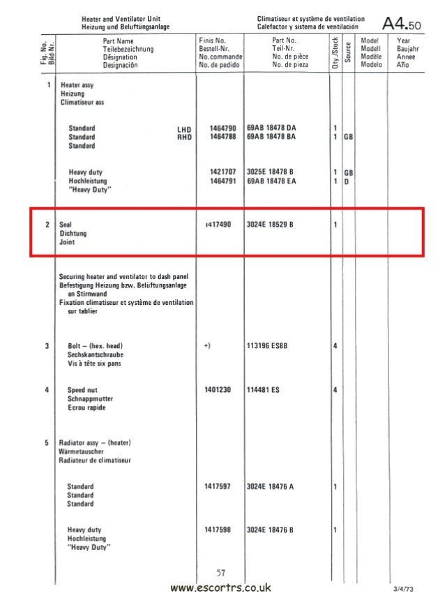 Mk1 Escort Heater Box Seal Factory Drawing #2
