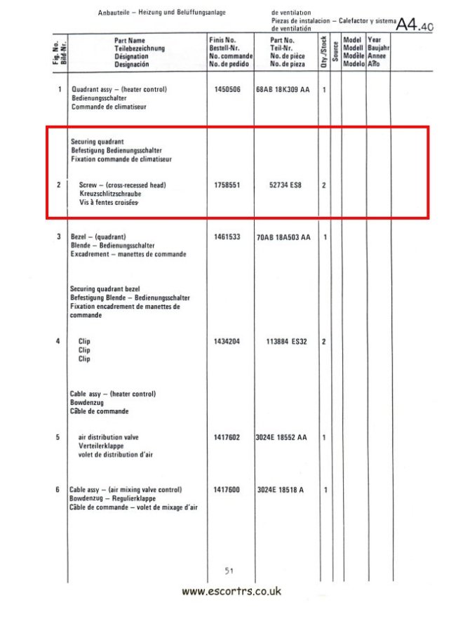 Mk1 Escort Heater Quadrant Clips & Screws Factory Drawing #2