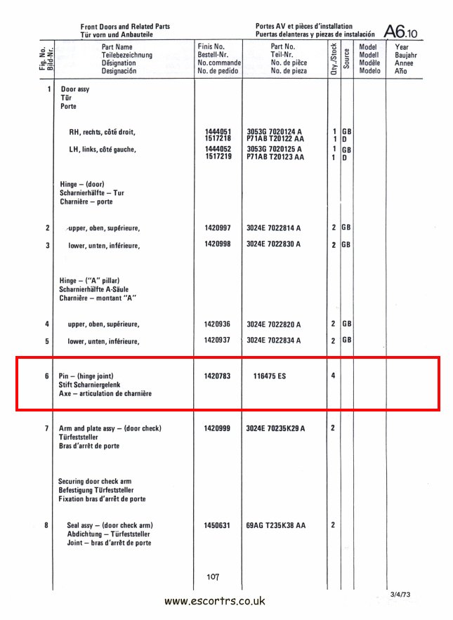Mk1 & Mk2 Escort Door Hinge Pins Factory Drawing #2