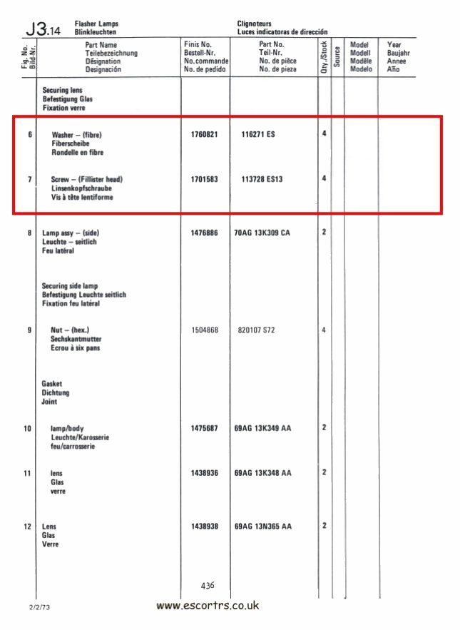 Mk1 Escort Front Indicator Lens Screws Factory Drawing #2