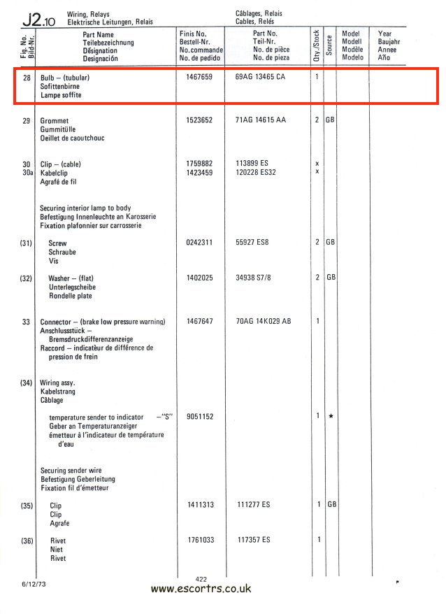 Mk1 Escort Interior Light Bulb Factory Drawing #2