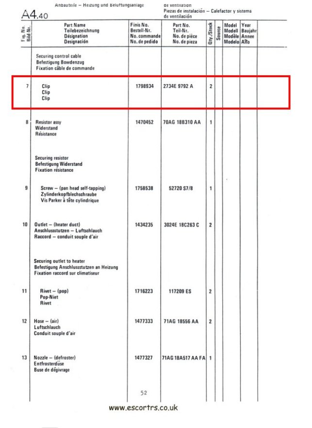 Mk1 Escort Heater Matrix Cable Clips Factory Drawing #2