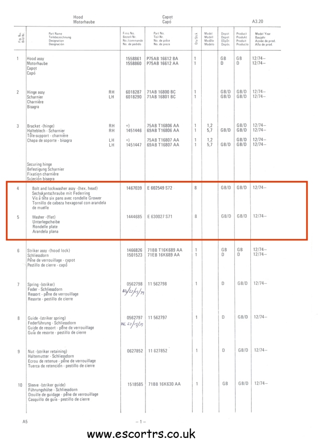 Mk2 Escort All Stainless Steel Bonnet Bolt Set Factory Drawing #2