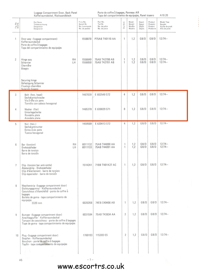 Mk2 Escort All Stainless Steel Boot Lid Bolt Set Factory Drawing #2