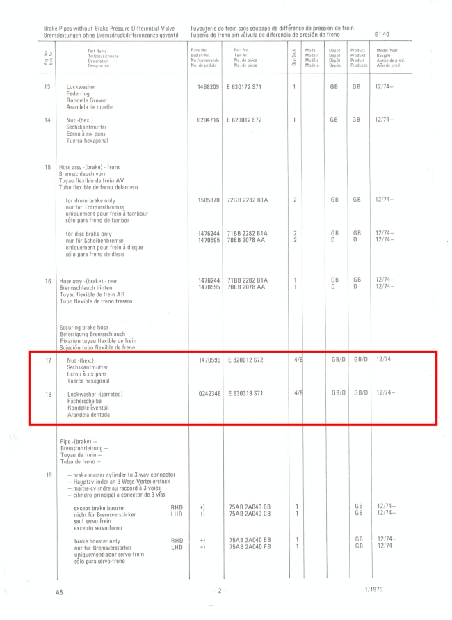 Mk2 Escort Brake Felxi Hose Nuts & Shake Proof Washers Factory Drawing #2
