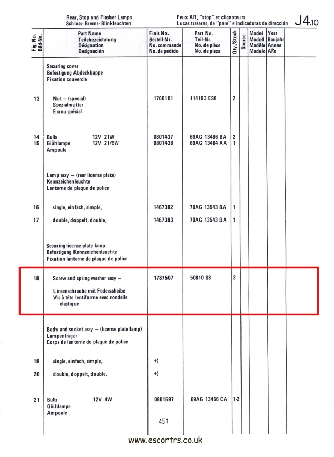 Mk1 Escort Number Plate Light Bracket Screws Factory Drawing #2
