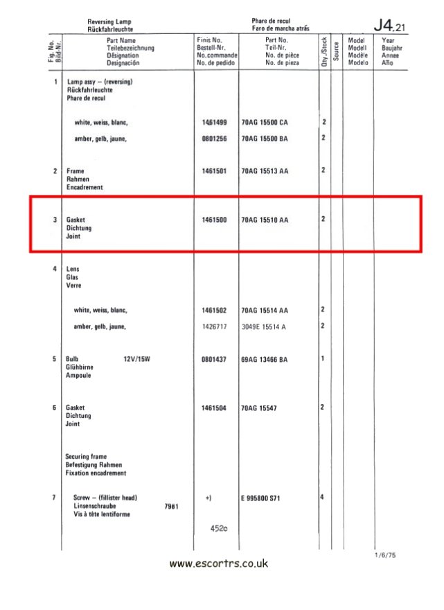 Mk1 Escort Outer Reverse Light Seals Factory Drawing #2