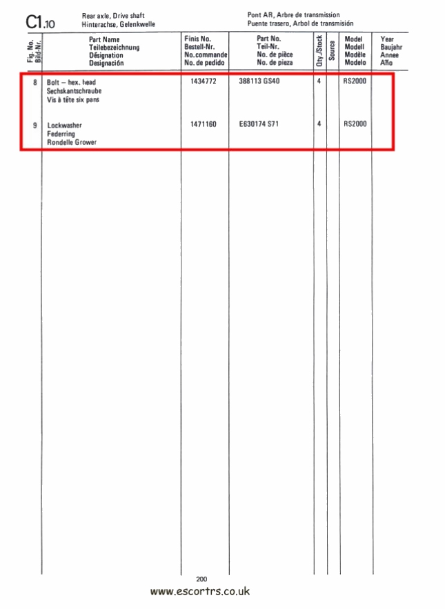 Mk1 Escort Propshaft Bolts & Washers Factory Drawing #2