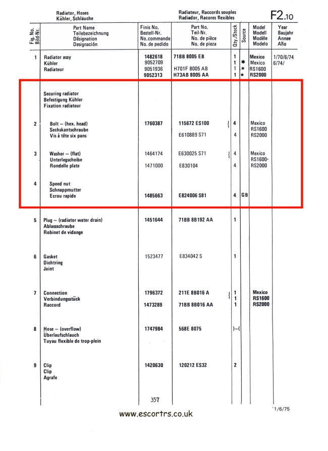 Mk1 Escort Radiator Clip Set Factory Drawing #2