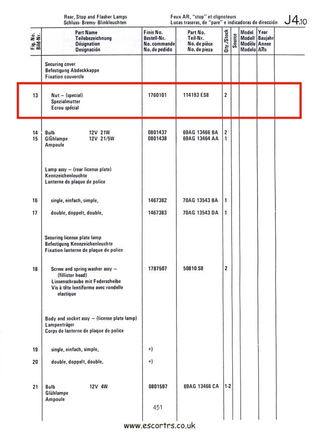 Mk1 Escort Rear Lights / Cluster Studs & Special Nuts Factory Drawing #2