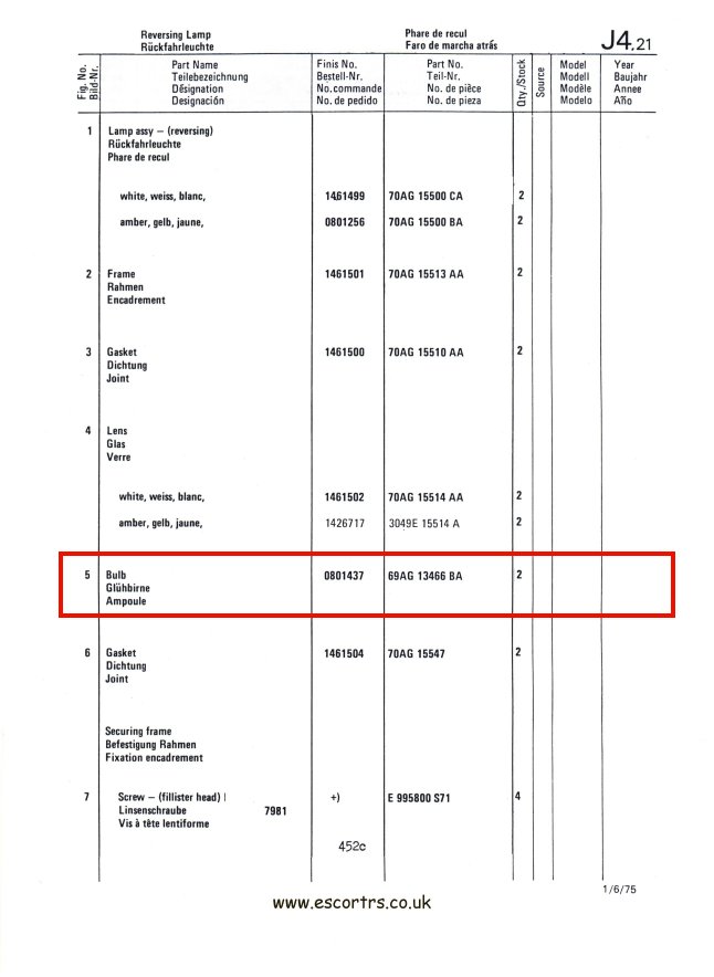 Mk1 Escort Reverse Light Bulbs Factory Drawing #2