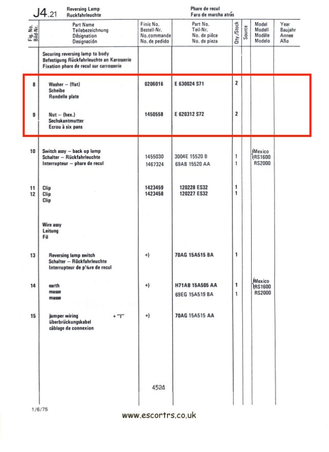 Mk1 Escort Reverse Light Half Nuts & Washers Factory Drawing #2