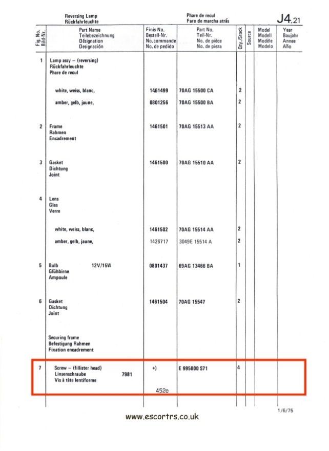 Mk1 Escort Reverse Light Lens Stainless Steel Screws Factory Drawing #2