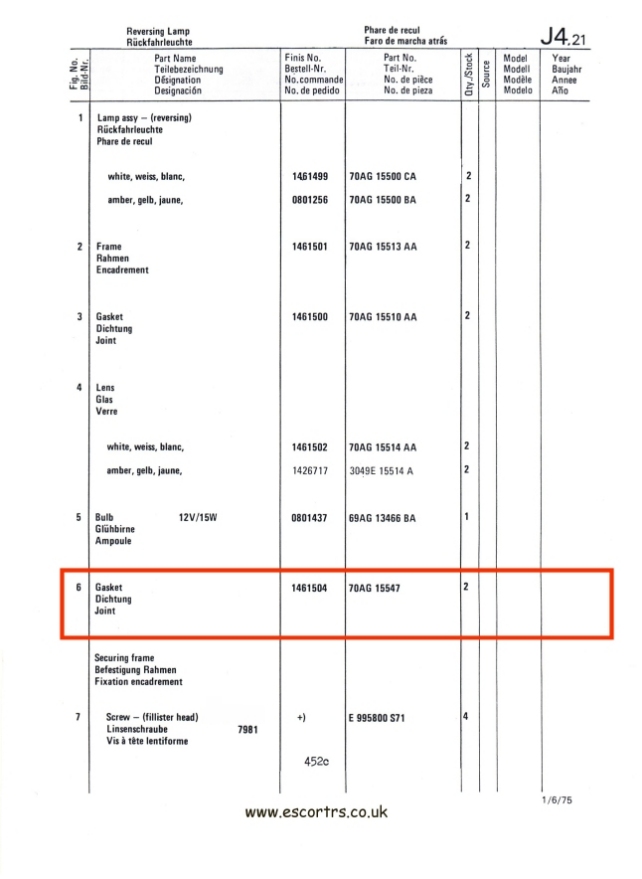 Mk1 Escort Reverse Light Seals Factory Drawing #2