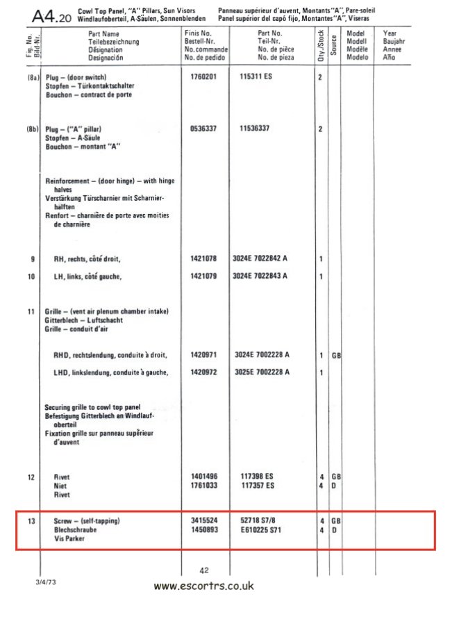 Mk1 Escort Scuttle Panel Clip Set Factory Drawing #2