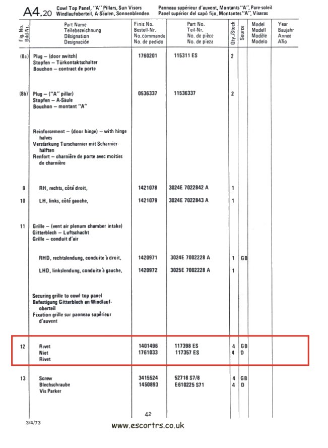 Mk1 Escort Scuttle Panel Rivets Factory Drawing #2
