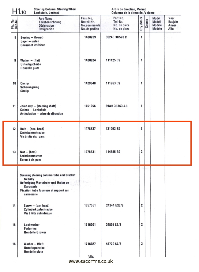 Mk1 Escort Steering Column Coupling Bolts Factory Drawing #2