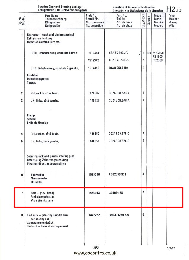 Mk1 & Mk2 Escort Steering Rack Bolts Factory Drawing #2