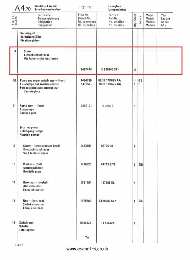 Mk1 & Mk2 Escort Washer Jet Screws Stainless Steel  Factory Drawing #2