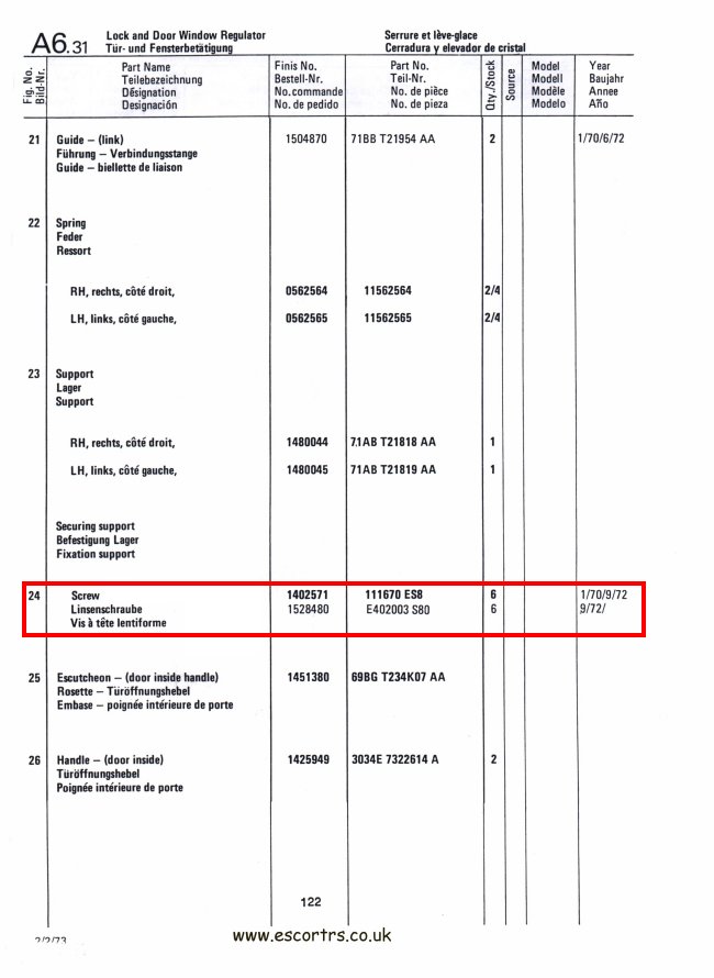 Mk1 Escort Window Winder Door Release Mechanism Screws Factory Drawing #2